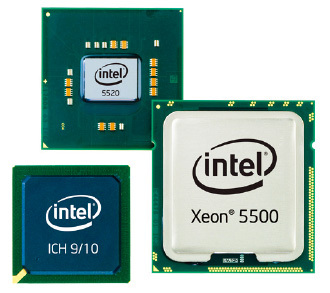 インテルXeon5500（右）とチップセット。CPUやメモリーバスを接続するノースブリッジ「i5520」（上）と、I/Oを接続するサウスブリッジ「ICH9/10」（左