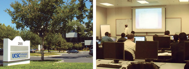 USサンタクルーズ・エクステンションの外観（左）と授業風景（右）