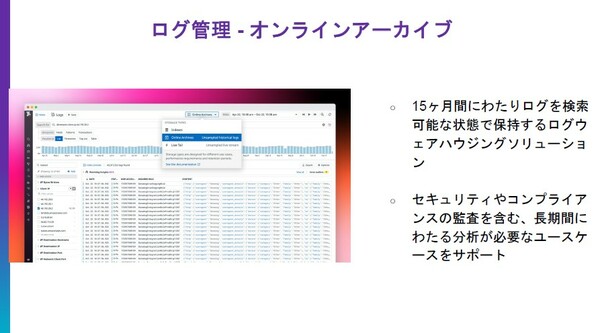 図2：ログ管理機能を強化し、全ログデータを、検索可能な状態で15カ月間以上保持できる「Online Archives」（オンラインアーカイブ）機能を追加した（出典：Datadog Japan）