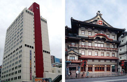写真左は、松竹が本社を置く東京・東劇ビル。右は京都にある同社の南座（ともに提供：松竹）