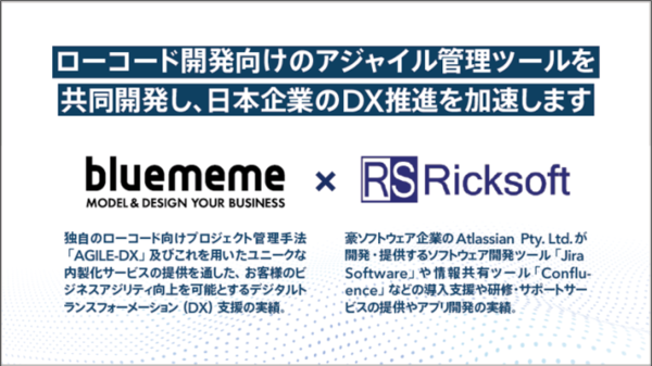 図1：BlueMemeとリックソフトは、ローコード向けアジャイル開発のプロジェクト管理ツールの開発で合意した（出典：BlueMeme、リックソフト）