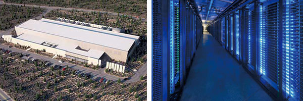 写真1　Facebookがオレゴン州に建設した最新データセンターの外観（左）と内部（右）