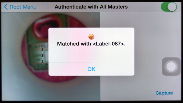 写真3●デモで用いた真贋判定用のスマートフォンアプリの画面。りんごの真贋を判定し、本物であることが分かるだけでなく、個々のりんごを識別する番号（登録番号）も分かる