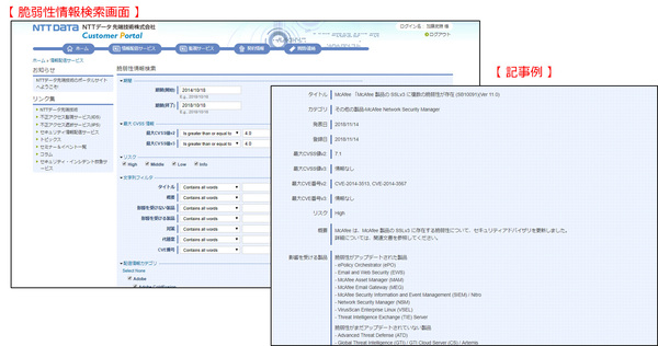 画面1：セキュリティ情報配信サービスの画面（出典：NTTデータ先端技術）