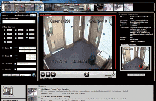 画面２　監視カメラの映像をIDOLでモニタリングしている画面の例。検知したイベントを画面下に列挙している